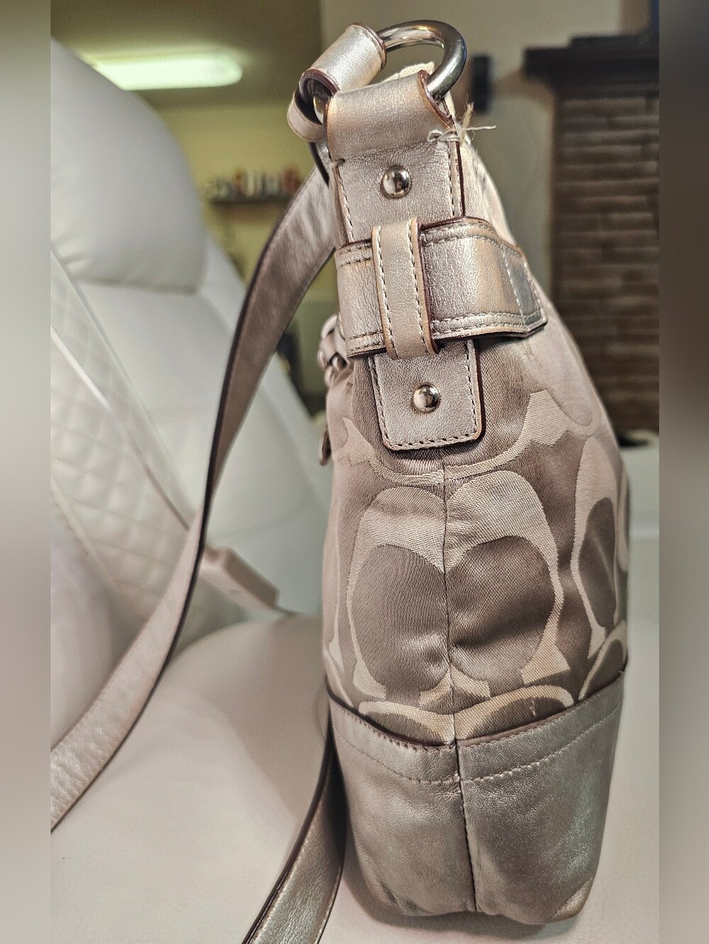 Coach Satin Signature Chain-Accent Shoulder Bag in Silver Taupe (Used) - Picture 5 of 13